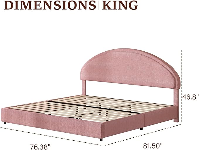 King Size Bed Frame, Boucle Upholstered Platform Bed with Headboard, Soft Bed Frame with Round Conner, No Box Spring Required, Easy Assembly, Pink
