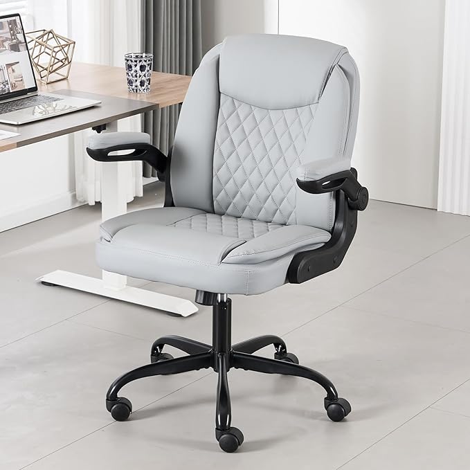 Office Chair, Executive Leather Home Office Desk Chair - Ergonomic Computer Chair with Back & Lumbar Support, 360°Swivel, Adjustable Flip-Up Armrests, Rocking Function Gray