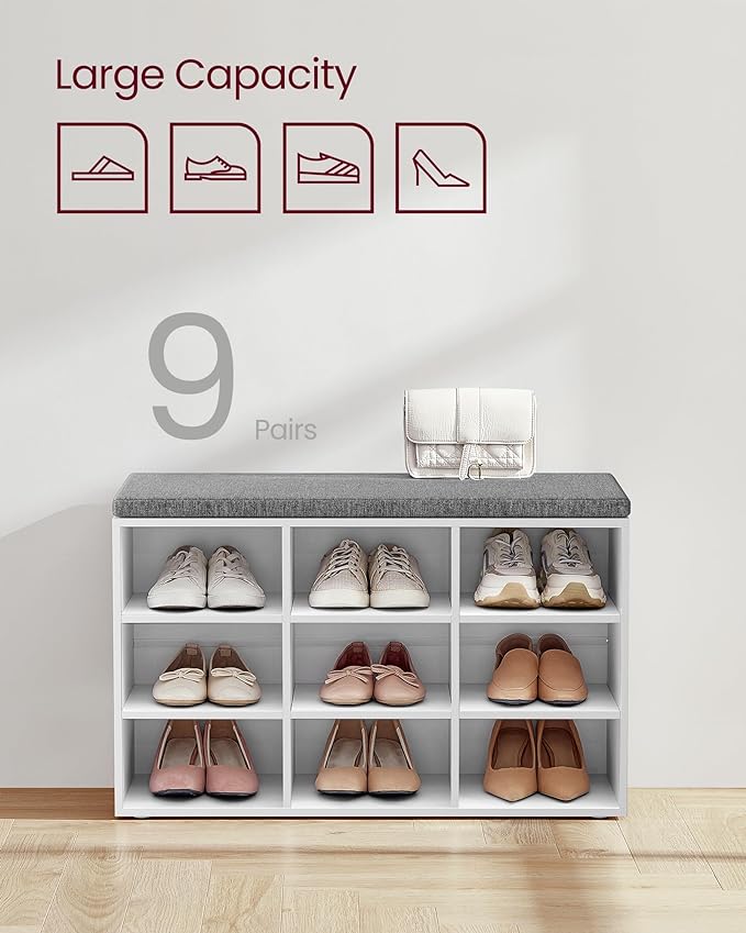 VASAGLE CUSTOS Collection - Shoe Bench, Storage Bench with Padded Seat, Entryway Bench with 9 Compartments, for Bedroom, 11.9 x 30.9 x 18.9 Inches, Cloud White and Dove Gray ULHS009W14
