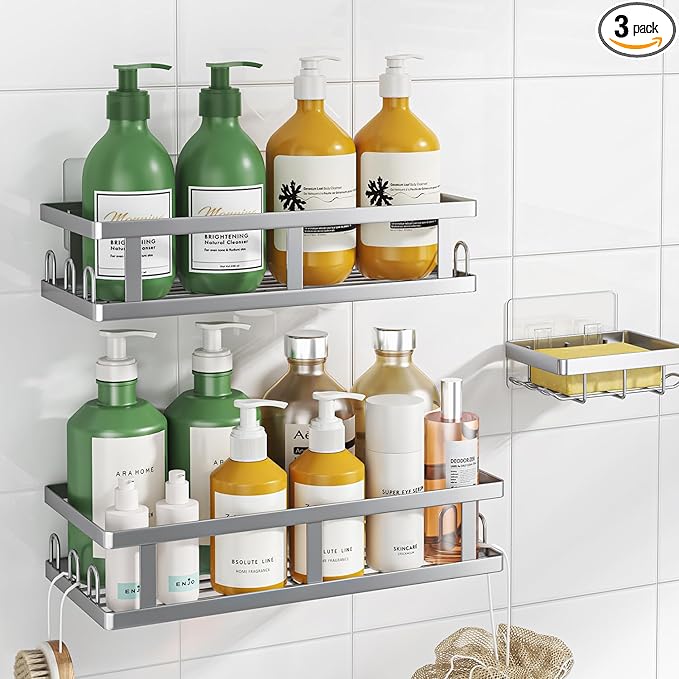 Shower Caddy Adhesive,No Drill Bathroom Organizer,Large Capacity Rustproof Shelves for Inside Shower,Bathroom Organizers and Storage,Silver