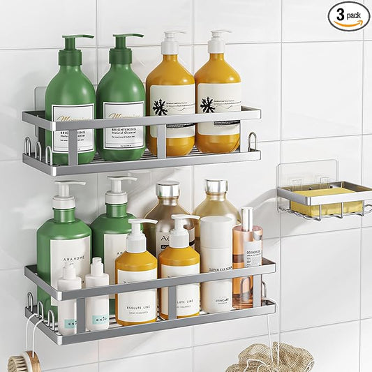 Shower Caddy Adhesive,No Drill Bathroom Organizer,Large Capacity Rustproof Shelves for Inside Shower,Bathroom Organizers and Storage,Silver