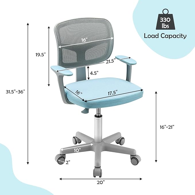 HONEY JOY Kids Desk Chair, Height Adjustable Children Study Chair, Swivel Mesh Task Student Chair, Universal Casters, Child Computer Desk Chair for Boys Girls Age 3-10 (Blue)