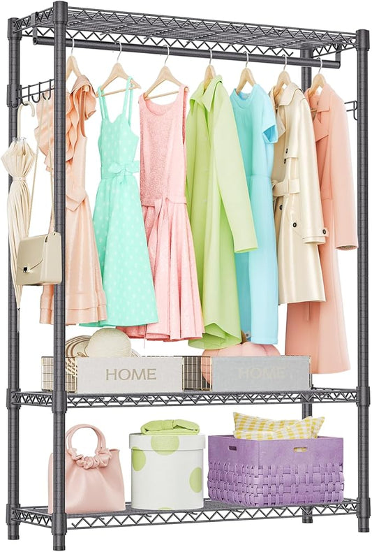 IZEUK Heavy Duty Garment Rack, Freestanding Clothing Rack for Hanging Clothes with 1 Rod, 3 Tiers & Side Hooks, Adjustable Metal Wardrobe Closet Organizer, 45.3" W x 15.7" D x 72.4" H, Dark Grey