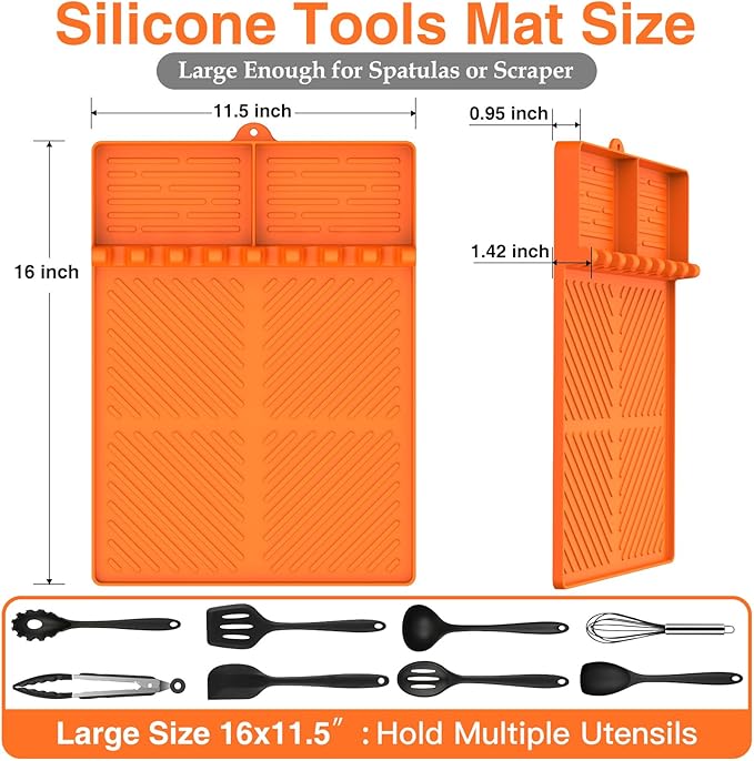 Silicone Griddle Tools Mat for Blackstone, Griddle Accessories Side Shelf Mat Grill Pad for Outdoor Grill Kitchen Counter Spatula Silicone Mat with Drip Pad (Orange)