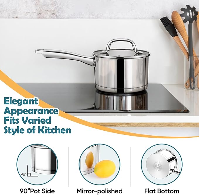 P&P CHEF 2 Quart Saucepan with Lid Set, Stainless Steel Small Cooking Pot Induction Sauce Pan for Pasta Soup, Ergonomic Handle & Tri-ply Base, Dishwasher Safe, 1 Pan