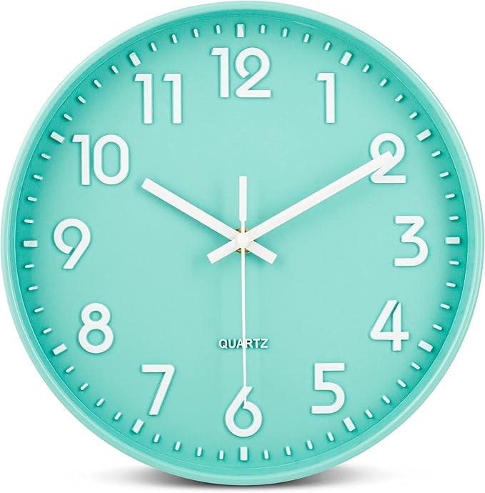 Bernhard Products Seafoam Green Wall Clock 10 Inch, Silent Non-Ticking, Quality Quartz 3D Numbers Battery Operated Round Pretty Clock for Kitchen/Office/Kids Bedroom/Baby Nursery Room