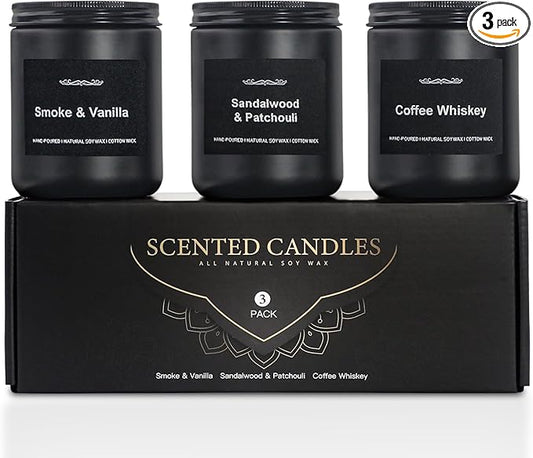 Scented Candle Set, Men Candle Set, Scented Candles for Home, Gifts for Men, 3 Pack Manly Candles Gifts for Mens Scents of Smoke & Vanilla/Sandalwood & Patchouli/Coffee Whiskey