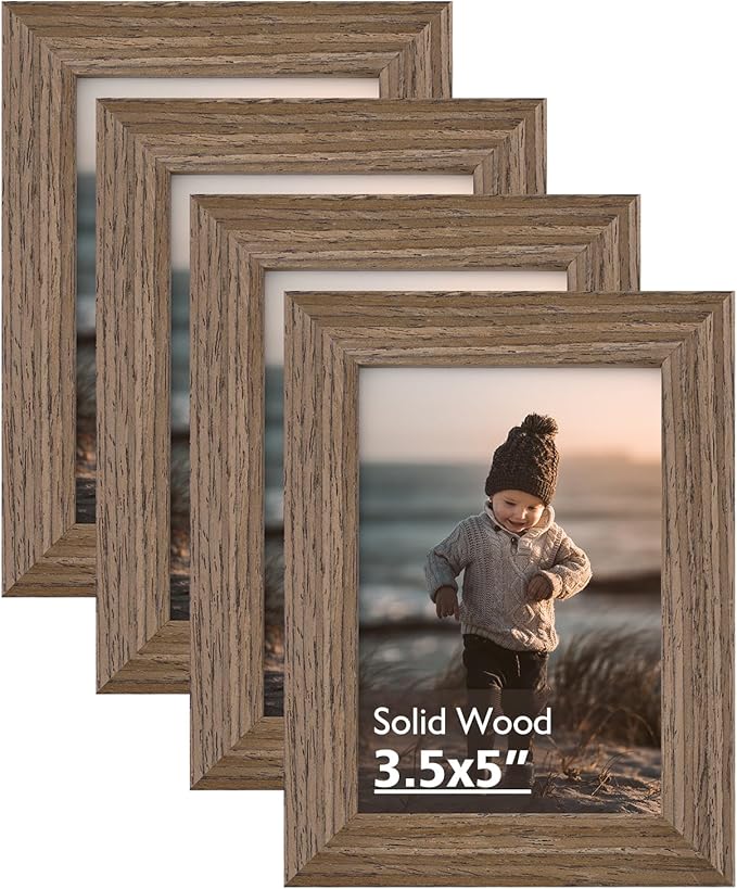 KINLINK 3.5x5 Picture Frame Rustic Brown, Solid Wood Frames with Plexiglass for Table Top and Wall Mounting, Photo Frames for Horizontal or Vertical Display, 4 Pack