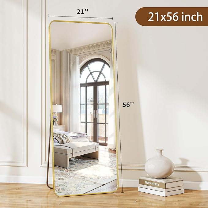 BEAUTYPEAK Gold Full Length Mirror, 56"x21" Rounded Corner Floor Mirror Standing Hanging or Leaning Against Wall, Suitable for Bedroom or Dressing Room