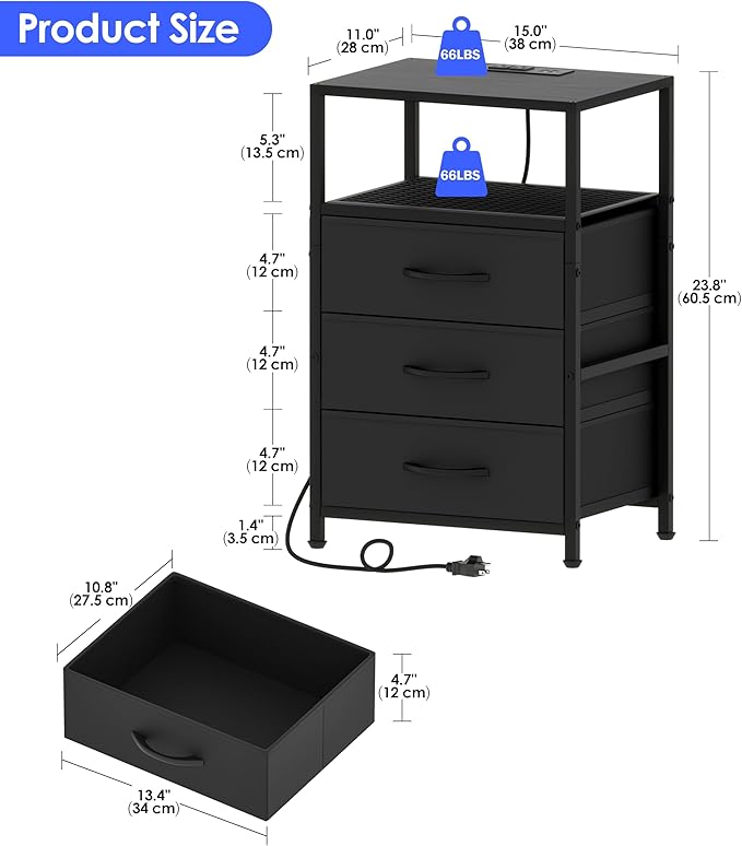 End Table with Charging Station, 11" D x 15" W Night Stand with LED Light, Nightstand with Fabric Drawers, Bedside Table with Open Shelf, Side Table for Bedroom, Living Room, Black