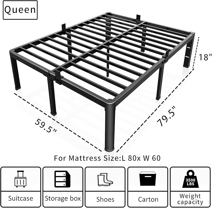 ROIL 18 Inch Queen Bed Frame with Rounded Corner and Headboard Hole Mattress Retainers 3500LBS Metal Heavy Duty Steel Slats No Box Spring Needed Platform Noise-Free Easy Assembly