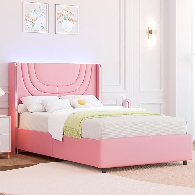 Pink Twin Bed Frame with LED Lights, Faux Leather Upholstered Platform with Silver Wingback Headboard, Modern Style, No Box Spring Needed, Easy Assembly