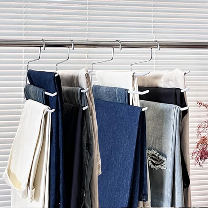 Pants Hangers 4 Pack, Multi Hangers for Pants and Jean 3 Tier Non Slip Metal Pants Hangers Space Saving, Clothes Closet Storage Organizer for Pants Jeans Skirts Tie Trousers Scarf