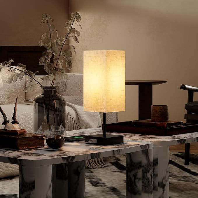 Table Lamp for Bedroom,Nightstand Lamp for Bedside with AC Outlets,Adjustable 3color LED Light Desk Lamp for Home Decor,Included Bulb and Lamp Shade (Linen White-onlyAC, 2PCS)