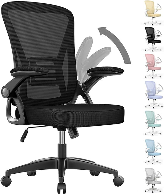naspaluro Ergonomic Office Chair, Mid Back Desk Chairs with Adjustable Height, Swivel Chair with Flip-Up Arms and Lumbar Support, Breathable Mesh Computer Chair for Home/Study/Working, Dark Black