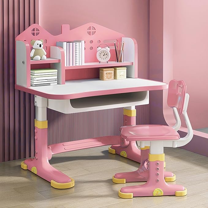 Kids Desk and Chair Set, Height Adjustable Children Study Desk, Golden Distance Preventing Myopia Design, Children Study Desk with Spacious Storage Drawer for Girls School Home Study Tool (Pink-1)