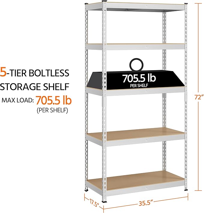 Yaheetech Storage Shelves 5 Tier Garage Shelving Heavy Duty Garage Shelves Adjustable Metal Shelving Unit Utility Rack Industrial Shelving for Warehouse Pantry Closet, 35.5″W × 17.5″D × 72″H, Silver