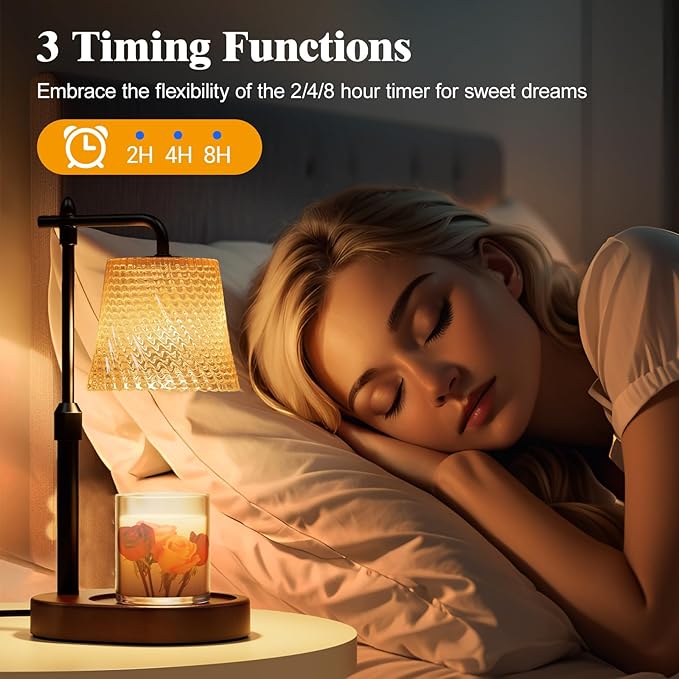 Candle Warmer Lamp with Timer Dimmable - Height Adjustable Candle Warmer for Jar Candles - Birthday Gifts for Women Mom - House Warming Gifts New Home Decor (Walnut Base Amber Shade)