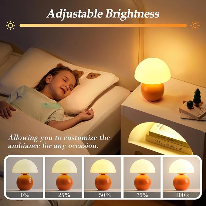 Mushroom Lamp - Ceramic Base with Multi-level Dimming | Retro-Modern Small Lamp in Vibrant Orange | Cute Aesthetic Desk/Bedside Light for Bedroom/Living Room, Decorative Accent & Thoughtful Gift