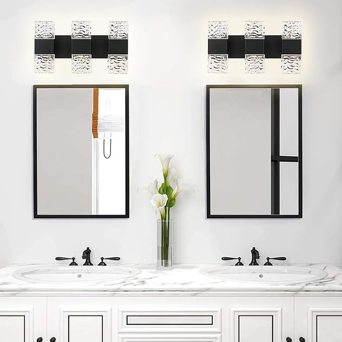 MELUCEE Modern LED Bathroom Lights Over Mirror 24W Dimmable Crystal Wall Sconce LED Vanity Light Bar 3 Lights Black Bathroom Wall Light Fixtures for Bath Powder Room, 3000K Warm Lighting
