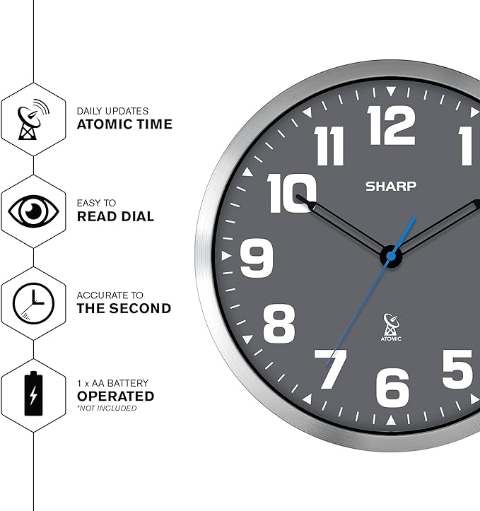 Sharp Atomic Analog Wall Clock - 12" Grey Face, Silver Brushed Finish - Sets Automatically- Battery Operated - Easy to Read - Easy to Use – Modern Design and Style