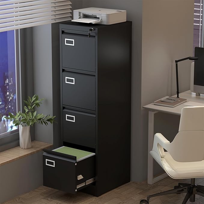 4 Drawer File Cabinet with Lock,Vertical Narrow Filing Cabinets for Home Office, Metal Black File Cabinet for A4 Legal/Letter Size