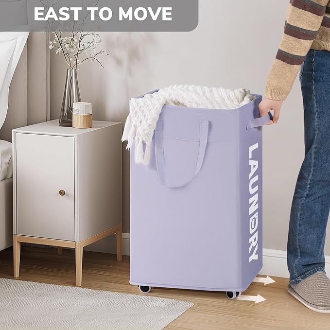 Goodpick Laundry Basket with Wheels,75L Collapsible Laundry Baskets with Removable Wash Bag, Clothes Laundry Hamper on Wheels, Light Purple