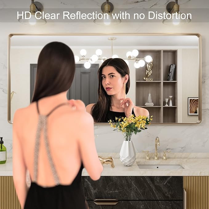 LOAAO 60”X28” Gold Bathroom Mirror, Rounded Rectangle Gold Frame Mirror, Brushed Gold Bathroom Vanity Mirror Wall-Mounted, Anti-Rust, Tempered Glass, Hangs Horizontally or Vertically