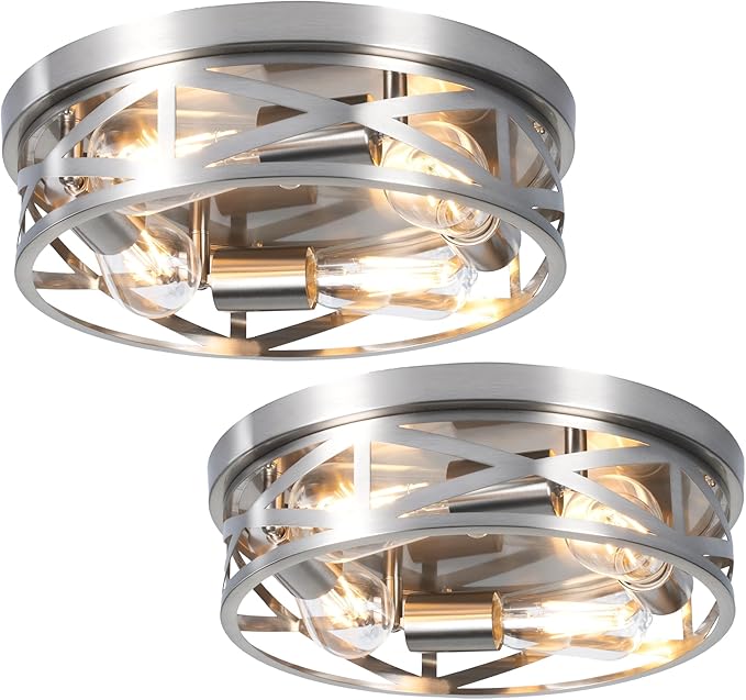13 Inch Close to Ceiling Lights, 2 Pack Brushed Nickle Flush Mount Ceiling Light Fixture, Modern 4-Light Metal Cage Indoor Kitchen Ceiling Lights for House Hallway Bedroom Living Room