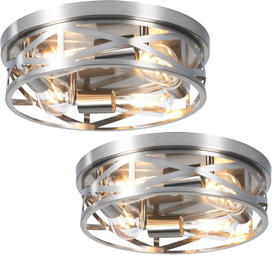 13 Inch Close to Ceiling Lights, 2 Pack Brushed Nickle Flush Mount Ceiling Light Fixture, Modern 4-Light Metal Cage Indoor Kitchen Ceiling Lights for House Hallway Bedroom Living Room