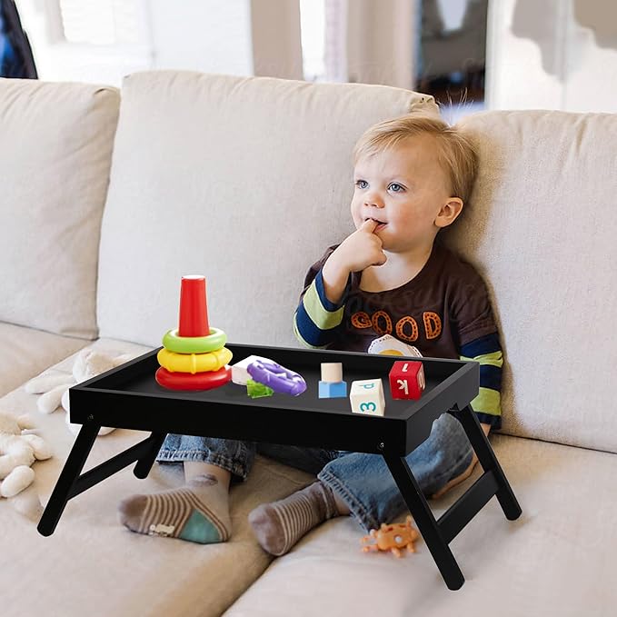 Bed Tray Table for Eating with Folding Legs, Bamboo Breakfast Table in Bed for Eating on Couch, Bed, Laptop Computer Tray(Black, Medium)