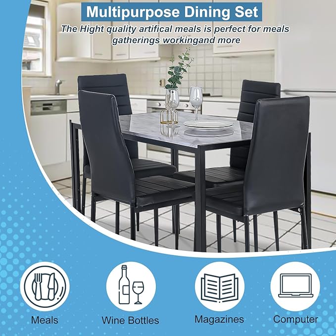 PayLessHere Dining Table and Chairs Set, Modern Rectangular Marble Table top with 4 Chairs PU Leather for Dining Room and Kitchen, White Marble