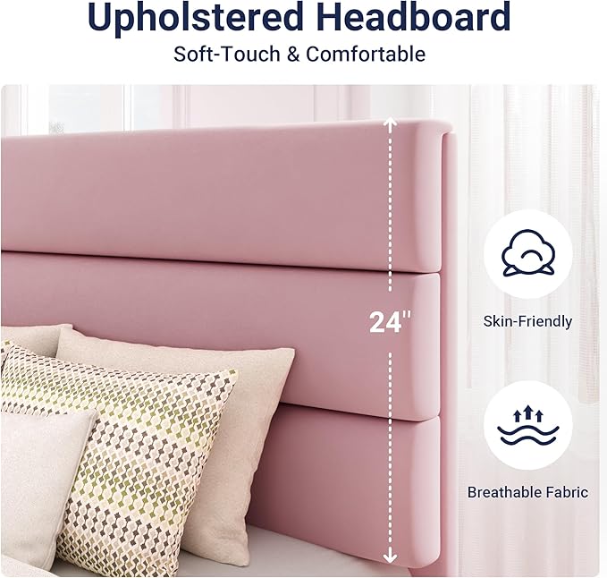 Allewie Full Size Platform Bed Frame with Velvet Upholstered Headboard and Wooden Slats Support, Fully Upholstered Mattress Foundation/No Box Spring Needed/Easy Assembly, Pink