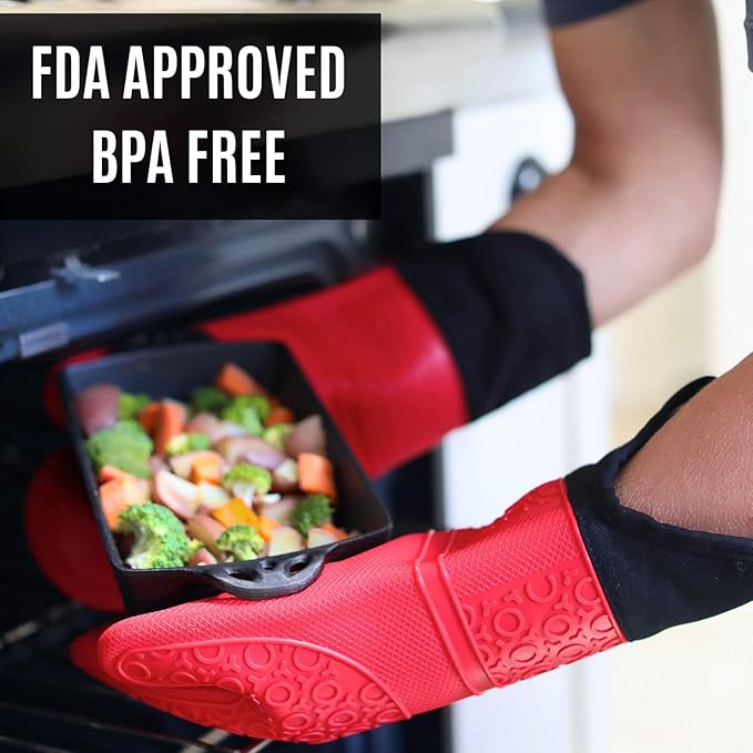 Homwe Silicone Oven Mitts and Potholders (4-Piece Sets) Heavy Duty Cooking Gloves, Kitchen Counter Safe Trivet Mats | Advanced Heat Resistant, Non-Slip Textured Grip Pot Holders(Red)