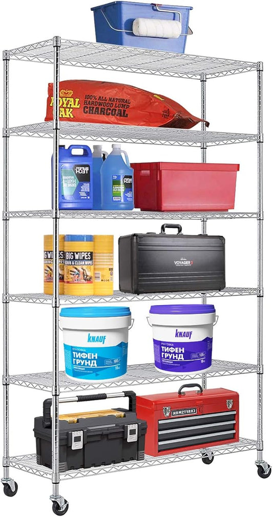 PayLessHere 6 Tier Commercial Grade Wire Shelving Unit Metal Shelf Organizer Heavy Duty Storage Unit Wire Rack NSF Certification 2100LBS Capacity with Wheels-18x48x72