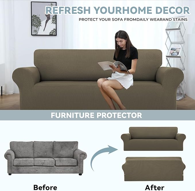 LURKA Stretch Sofa Slipcovers 1 Piece Couch Covers for 3 Cushion Couch Sofa Furniture Protector Full Sofa Covers with Elastic Bottom for Kids and Dog (Large, Khaki)