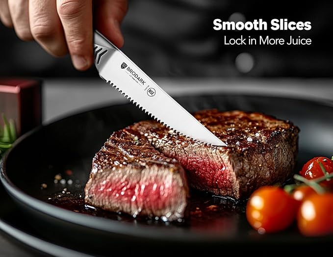 BRODARK Steak Knives Set of 4: 4.5 Inch Serrated Steak Knives - High Carbon Stainless Steel Kitchen Steak Knife Set - Never Need Sharpening - NSF Certified, Shark Series