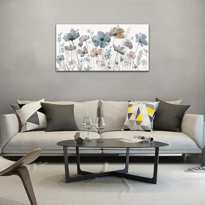 Elegant Flowers Canvas Wall Art - Floral Pictures for Wall Decor Indigo Brown Grey Canvas Painting Nature Printing Artwork for Living Room Bedroom Home Office Wall Decoration 24" x 48"