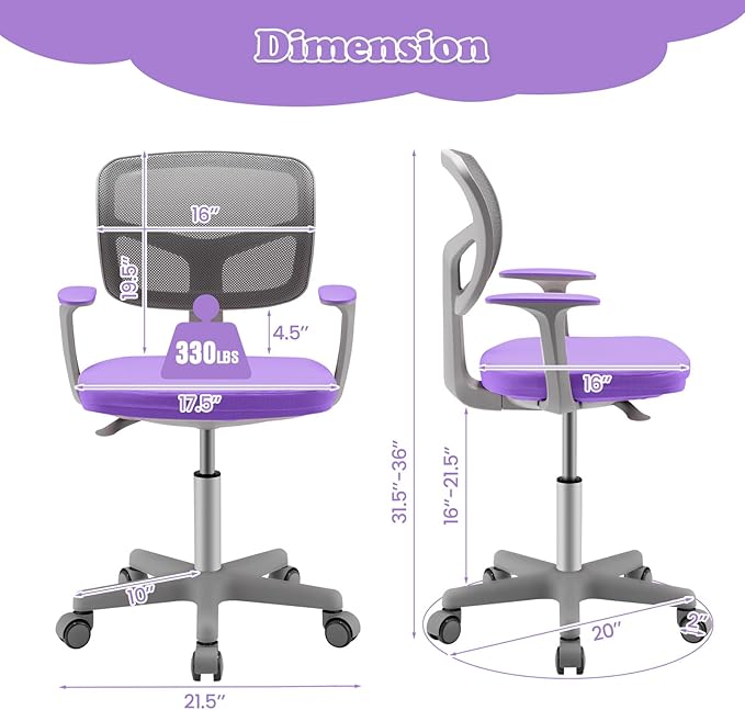 Giantex Kids Desk Chair, Children Computer Chair with Wheels and Y-Shaped Lumbar Support, Mesh Kids Office Chair, Height Adjustable Desk Chair for Girls Boys Aged 4-13, Purple