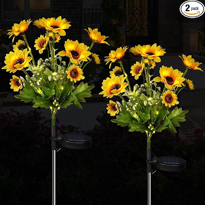 Aolyty Solar Garden Lights Outdoor, Solar Flower Lights with 24 Sunflowers 2 Modes, IP65 Waterproof LED Stake Light 2 Pack for Pathway Patio Yard Landscape Decorative