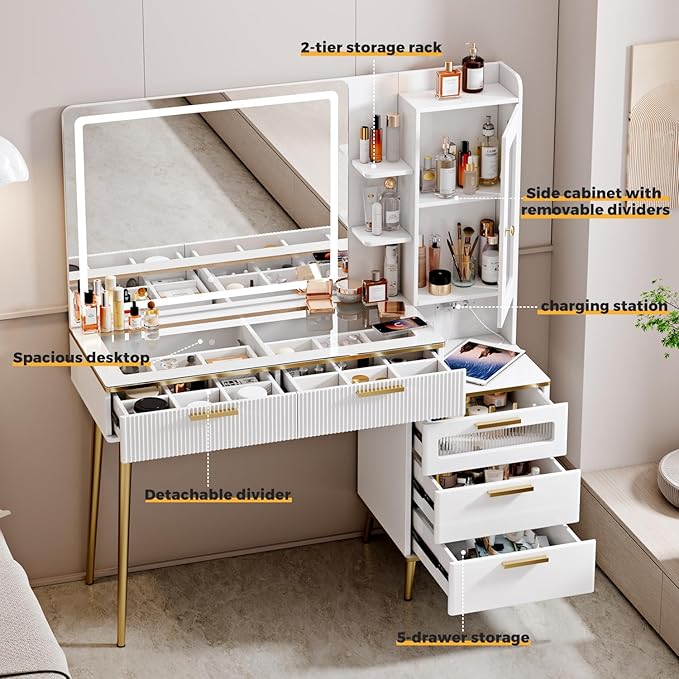 Vanity Desk with 29.53" HD Lighted Mirror, 47.24" Big Modern Vanity Desk with Mirror and Lights, Makeup Vanity with 5 Drawers and Storage Shelves and Charging Station, White