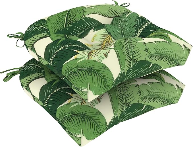 Set of 2 Outdoor Tufted Chair Cushions 19"x19"x4", Water Repellent Patio Seat Cushions with Ties, Replacement Chair Pads for Wicker Dining and Patio Furniture - Swaying Palms Green