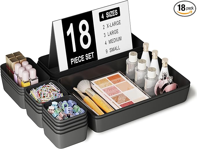 Plastic Drawer Organizers, 18 PCS Drawer Organizer Bins, Bathroom and Vanity Organizer Plastic Tray, Makeup organizer and storage for Makeup, Bedroom, Kitchen Gadgets Utensils and Office (Black)