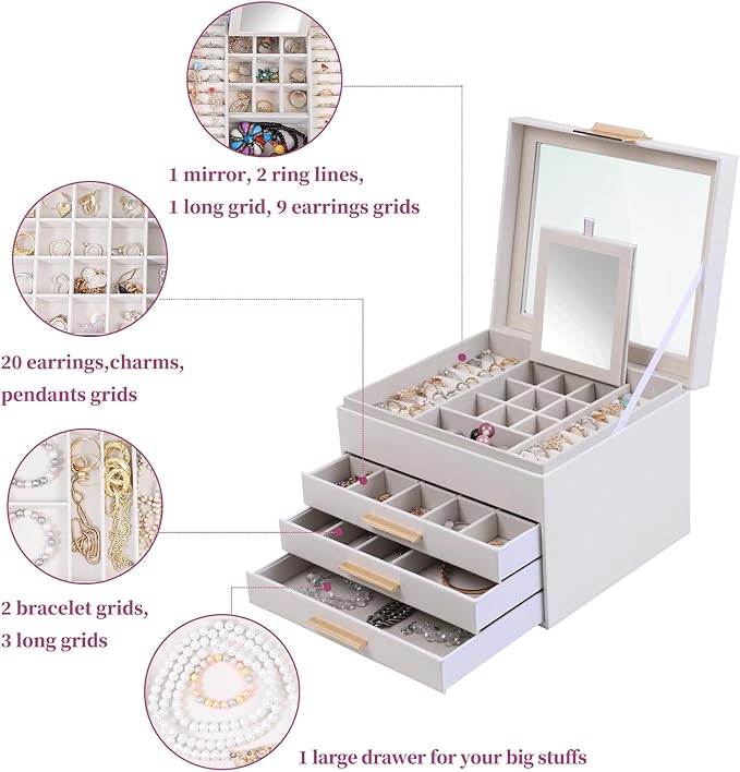 BOOVO Clear Lid Jewelry Box,4 Layers Jewelry Organizer Large Jewelry Storage Box with 3 Drawers,Jewelry Holder Organzier of Rings Earrings Necklace Bracelets for Women (White, 4 Layer)