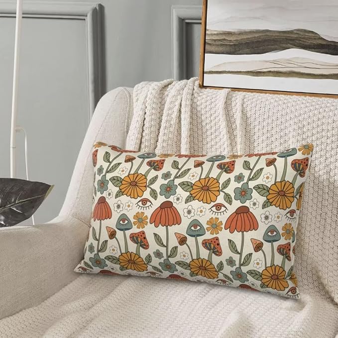 BETGINY Boho Throw Pillow Covers 12x20 Set of 2, Yellow Orange Fun Cute Mushrooms Retro Decorative Outdoor Pillow Covers 70s Vintage Floral Linen Farmhouse for Couch Sofa Summer Home Decor