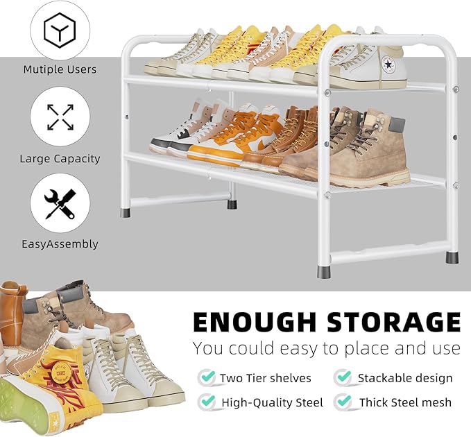 SUFAUY Shoe Rack for Closet, 33" Wide Metal Shoe Rack Organizer Heavy Duty, 2-Tier Mesh for Shoes, White