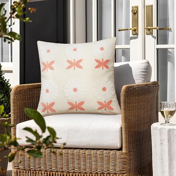 Merrycolor Boho Embroidered Throw Pillow Covers 18x18 Pink Flower Pillow Covers Textured Square Cushion Case Farmhouse Decorative Pillow Covers for Couch Bed,1PC, Beige and Pink Floral