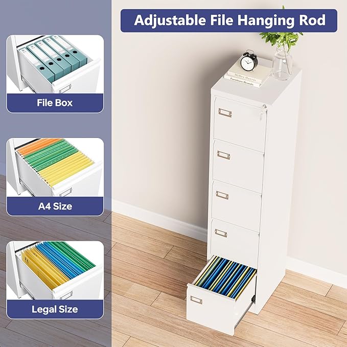 5 Drawer File Cabinet with Lock, Metal Filing Cabinets, 5-Vertical Filing Cabinet,Steel Lockable Storage Cabinets for Home Office to Organization Hanging Letter/Legal/F4/A4,White