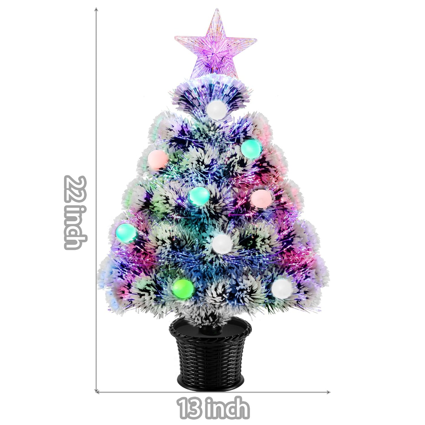 22inch Small Mini Fiber Optic Christmas Tree,Pre-lit Tabletop Artificial Xmas Trees with Balls,RGB Lights,Treetop, Battery/USB Powered White Tiny Fake Xmas Tree Decorations for Desktop,Holiday