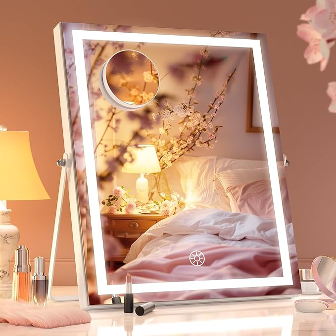 Hasipu Vanity Mirror with Lights, 11.4" x 13.8" LED Makeup Mirror with 10X Magnification, Smart Touch 3 Colors Dimmable, Brightness Adjustment, 360° Rotation, White